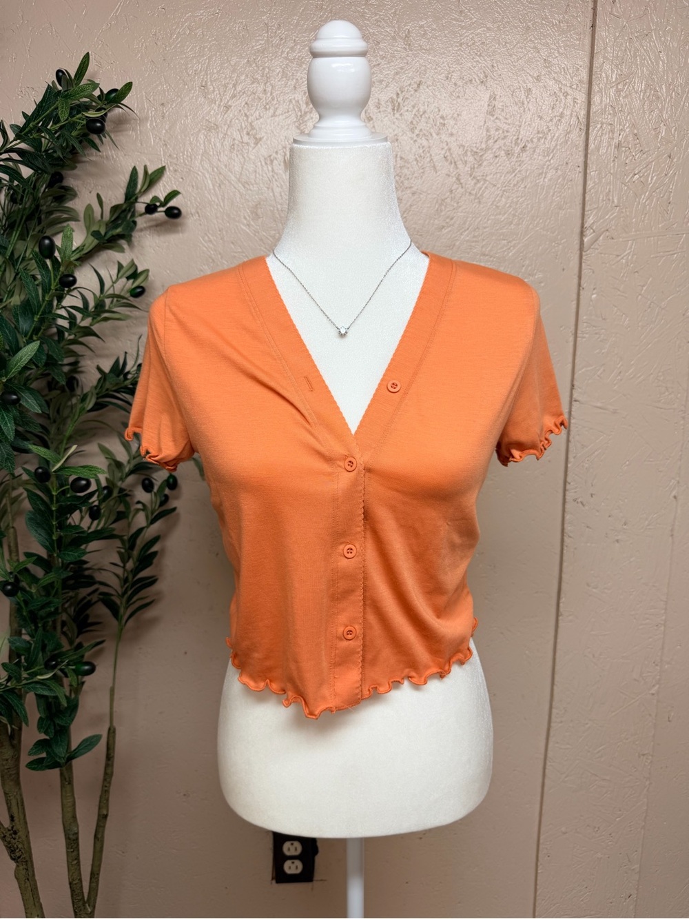 Double Zero Orange Short Sleeve Button Crop Top